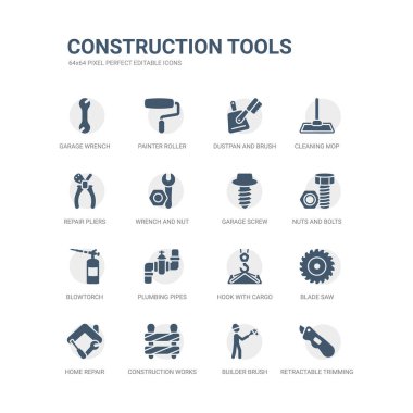 simgeleri geri çekilebilir kesme bıçağı, Oluşturucu fırça, inşaat işleri, ev onarım gibi basit dizi, testere, kargo, sıhhi tesisat boruları, kaynak makinesi, somun ve civata, garaj vida ile kanca. ile ilgili