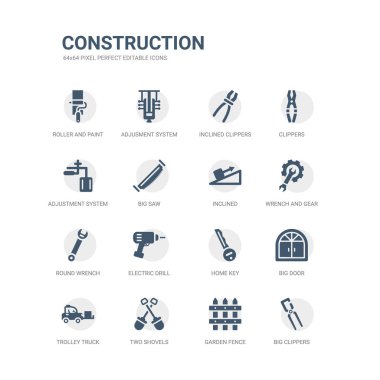 simgeler büyük kesme makineleri, Bahçe Çiti, iki kürek, tramvay kamyon, büyük kapı, ev anahtarı, İngiliz anahtarı, İngiliz anahtarı ve dişli eğimli, yuvarlak elektrikli matkap gibi basit set. ilgili inşaat simgeler