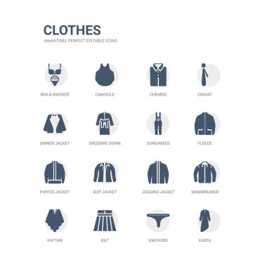 basit kurta, kısa pantolon, etek, kaftan, rüzgarlık, koşu ceket, elbise, kirpi balığı ceket, Polar, kaba pamuklu tulum gibi simgeler kümesi. Giysi simgeler toplama ile ilgili. düzenlenebilir 64 x 64 piksel mükemmel.