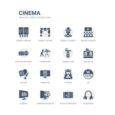 basit bir set simgeleri gibi kulaklık, film geri sayım, 3 boyut ekran, 3d film, 4 k, aktris, animasyon, yazar, gişe, kamera objektifi. sinema simgeler toplama ile ilgili. düzenlenebilir 64 x 64 piksel