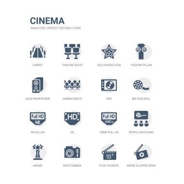 Basit simgeler kümesi film clapper açmak gibi 18 film, dijital SLR fotoğraf makinesi, Ödülü, millet bir film izlerken, 1080 p dolu hd, hd, 4 k fullhd, büyük film rulo, dvd. ilgili sinema Icons collection.