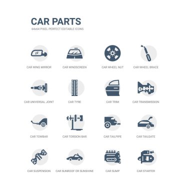 basit bir set araba starter, araba karter, araba sunroof veya güneş çatı, süspansiyon, Bagaj kapağı, egzoz borusuna, Burulma çubuğu, towbar, iletim, gibi simgeleri kırpın. ilgili bölümleri simgeler koleksiyonu. düzenlenebilir