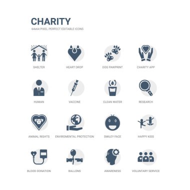 gönüllü hizmet, Farkındalık, Balonlar, kan bağışı, mutlu çocuk, gülen yüz, çevre koruma, hayvan hakları, araştırma, gibi simgeleri basit bir set temiz su. ilgili yardım simgeleri