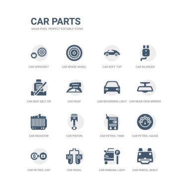 Araba parsel raf, araba park ışık, araba pedal, benzin kapağı, benzin göstergesi, benzin tankı, piston, radyatör, ışık ters aynayı, gibi simgeleri basit kümesi. ilgili bölümleri simgeler