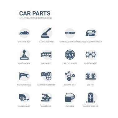 basit bir set araba Distribütör kapağın, arabanın kapısını, araba motor, egzoz, fan, Vantilatör kayışı, fasya (İngiliz), gibi simgeleri çamurluk (ABD, Kanada), sis lambası, yakıt göstergesi. ilgili bölümleri simgeler koleksiyonu. düzenlenebilir
