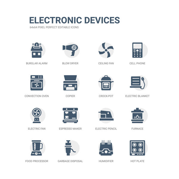 простой набор значков, таких как горячая плита, увлажнитель воздуха, утилизация мусора, пищевой процессор, печь, электрическая точилка карандашей, кофеварка, электрический вентилятор, электрическое одеяло, кастрюля. связанных с электронными
