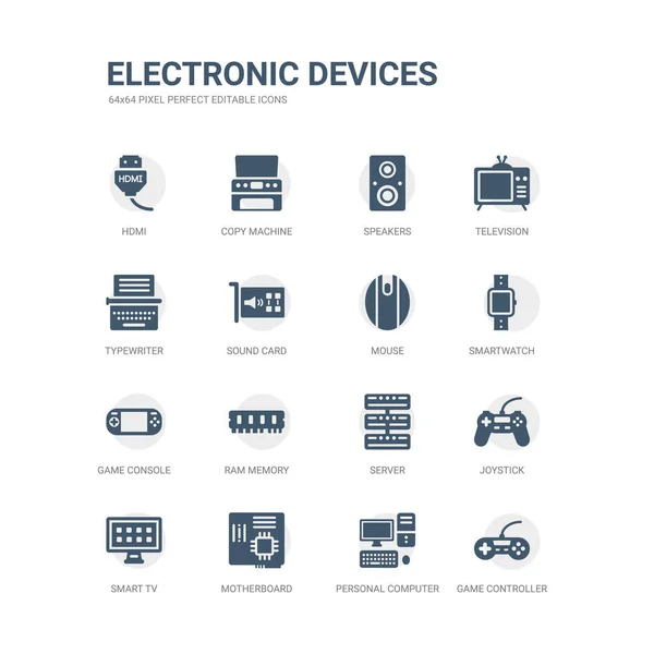 Basit oyun kumandası, kişisel bilgisayar, anakart, gibi simgeler kümesi akıllı tv, oyun çubuğu, sunucu, ram bellek, oyun konsolu, smartwatch, fare. ilgili elektronik aygıtları Icons collection. — Stok Vektör