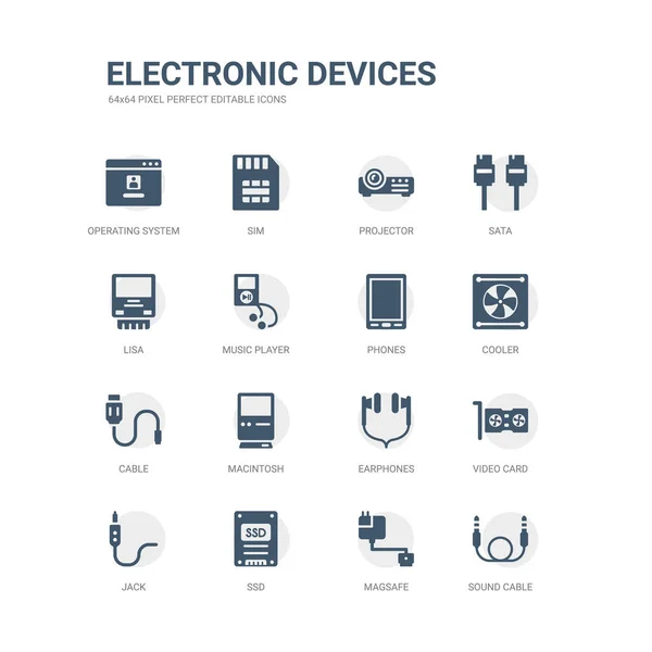 Conjunto simple de iconos tales como cable de sonido, magsafe, ssd, jack, tarjeta de vídeo, auriculares, macintosh, cable, refrigerador, teléfonos. colección de iconos de dispositivos electrónicos relacionados. editable 64x64 píxeles perfecto . — Vector de stock