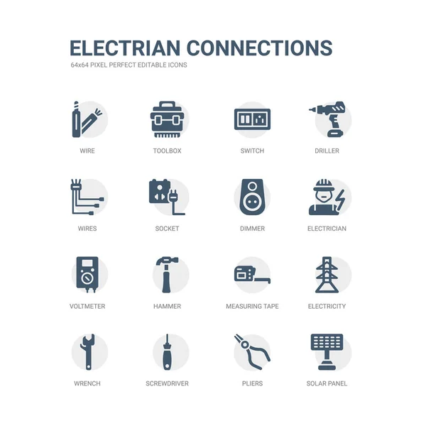 Conjunto simple de iconos tales como panel solar, alicates, destornillador, llave inglesa, electricidad, cinta métrica, martillo, voltímetro, electricista, atenuador. relacionados con la colección de iconos de conexiones electrianas. editable — Vector de stock