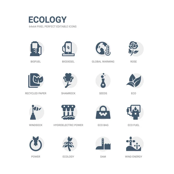 Eenvoudige set van iconen zoals windenergie, dam, ecologie, energie, eco brandstof, eco-tas, waterkrachtcentrale, Windzak, eco, zaden. Verwante ecologie iconen collectie. bewerkbare 64 x 64 pixel perfect. — Stockvector