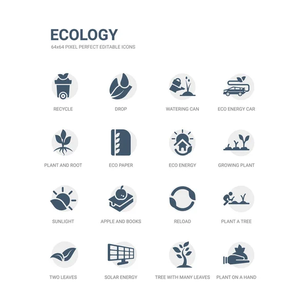 Eenvoudige set van iconen zoals plant op een hand, een boom met veel bladeren, zonne-energie, twee bladeren, plant een boom, herladen, apple en boeken, zonlicht, groeiende plant, eco-energie. Verwante ecologie pictogrammen — Stockvector