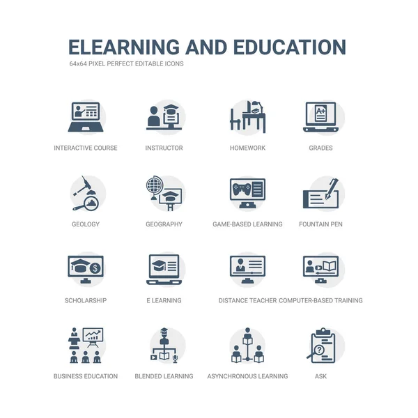 Simple set of icons such as ask, asynchronous learning, blended learning, business education, computer-based training, distance teacher, e learning, scholarship, fountain pen, game-based related — Stock Vector