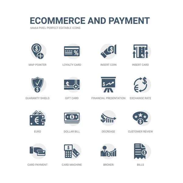 Prosty zestaw ikon, takich jak rachunki, karty maszyny i płatności kartą, broker przegląd klientów, zmniejszenie, dolara, euro, kurs wymiany, prezentacji finansowych. związanym z ikony e-commerce i płatności — Wektor stockowy