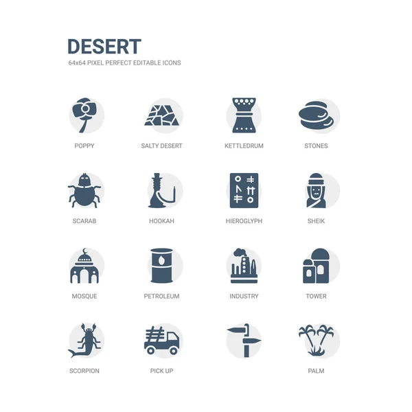 Conjunto simples de ícones como palma,, pick up, escorpião, torre, indústria, petróleo, mesquita, xeque, hieróglifo. coleção de ícones do deserto relacionados. editável 64x64 pixel perfeito . —  Vetores de Stock