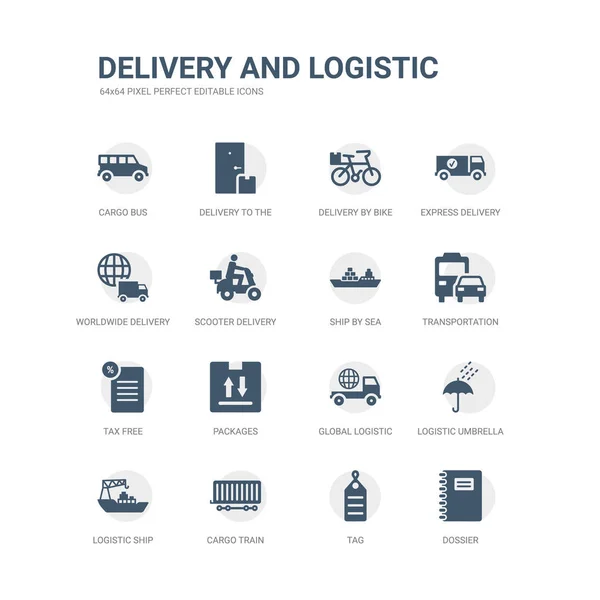 Simple set of icons such as dossier, tag, cargo train, logistic ship, logistic umbrella, global logistic, packages, tax free, transportation, ship by sea. related delivery and icons collection. — Stock Vector