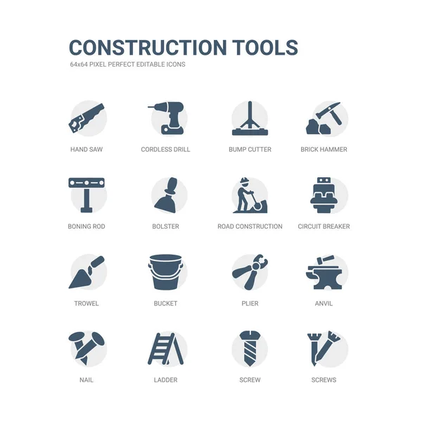 Conjunto simples de ícones, tais como parafusos, parafuso, escada, prego, bigorna, alicate, balde, espátula, disjuntor, construção de estradas. ferramentas de construção relacionados coleção ícones. editável 64x64 pixel perfeito . —  Vetores de Stock