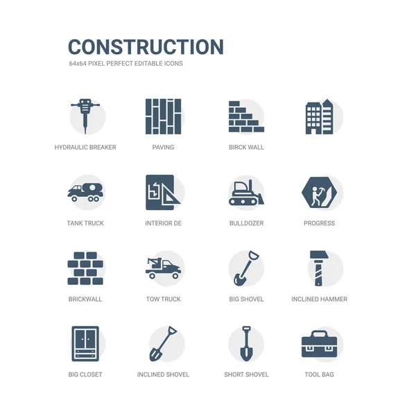 Simple set of icons such as tool bag, short shovel, inclined shovel, big closet, inclined hammer, big shovel, tow truck, brickwall, progress, bulldozer. related construction icons collection. — Stock Vector