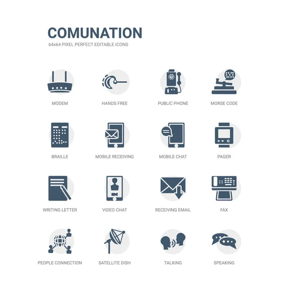 Eenvoudige set van iconen zoals spreken, praten, satelliet schotel, mensen verbinding, fax, ontvangen e-mail, video chat, schrijven brief, pager, mobiel praatje. gerelateerde comunation iconen collectie. bewerkbare — Stockvector