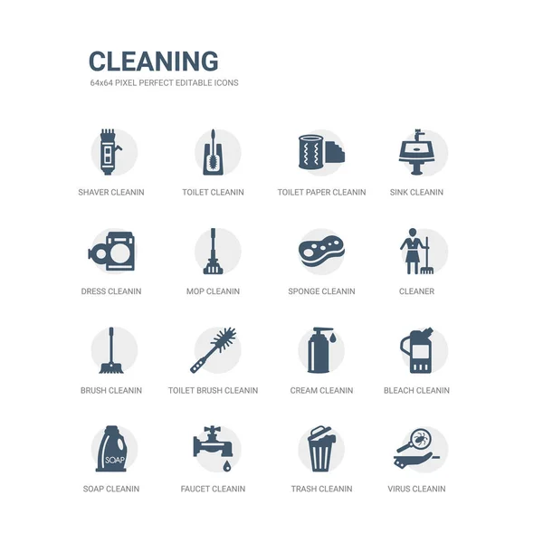 stock vector simple set of icons such as virus cleanin, trash cleanin, faucet cleanin, soap bleach cream toilet brush brush cleaner, sponge related cleaning icons collection. editable 64x64 pixel perfect.