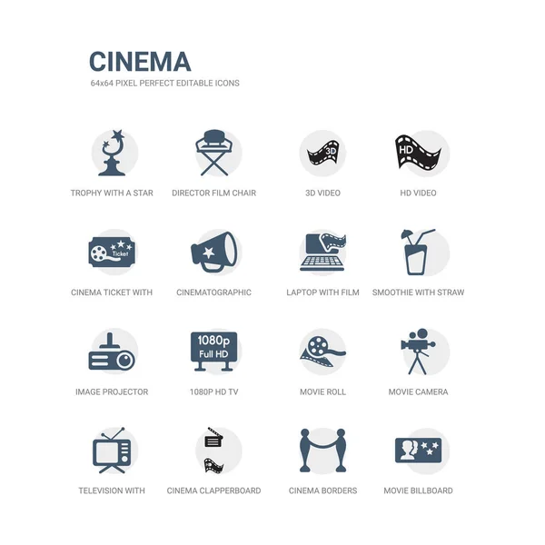 Einfaches Set von Symbolen wie Filmplakat, Kinoränder, Kinoklappwand, Fernseher mit Antenne, Filmkamera, Filmrolle, 1080p-HD-Fernseher, Bildprojektor, Smoothie mit Stroh, Laptop mit — Stockvektor