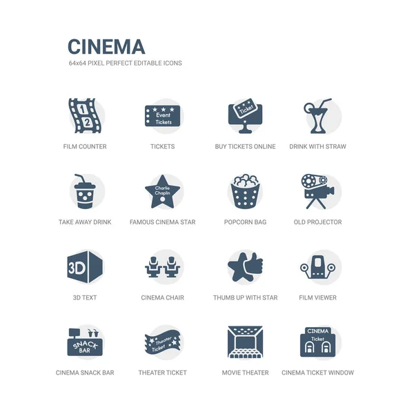 Einfache Reihe von Symbolen wie Kinoschalter, Kino, Kinokarte, Kino-Imbiss, Filmbetrachter, Daumen hoch mit Stern, Kinosessel, 3D-Text, alter Projektor, Popcorntasche. verwandte Symbole — Stockvektor