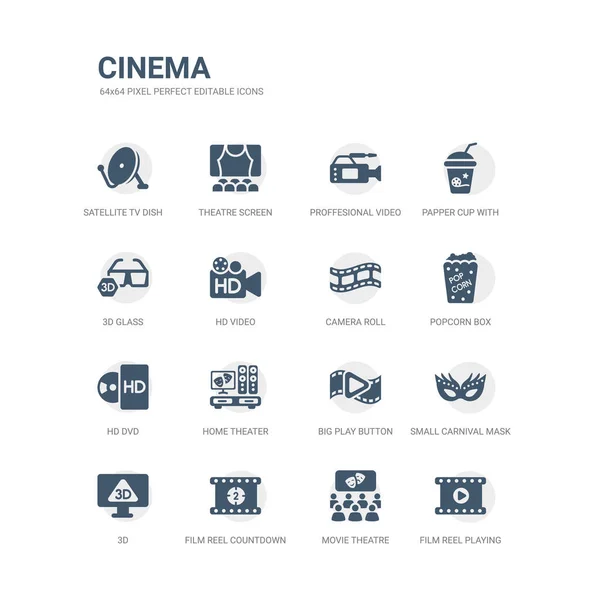 चित्रपट रील प्ले, फिल्म रील थिएटर, फिल्म रील काउंटडाउन क्रमांक 2, 3 डी, लहान कार्निवल मास्क, मोठा प्ले बटण, होम थिएटर, एचडी डीव्हीडी, पॉपकोर्न बॉक्स, कॅमेरा रोल अशा चिन्हांचा साधा संच. संबंधित चित्रपट — स्टॉक व्हेक्टर