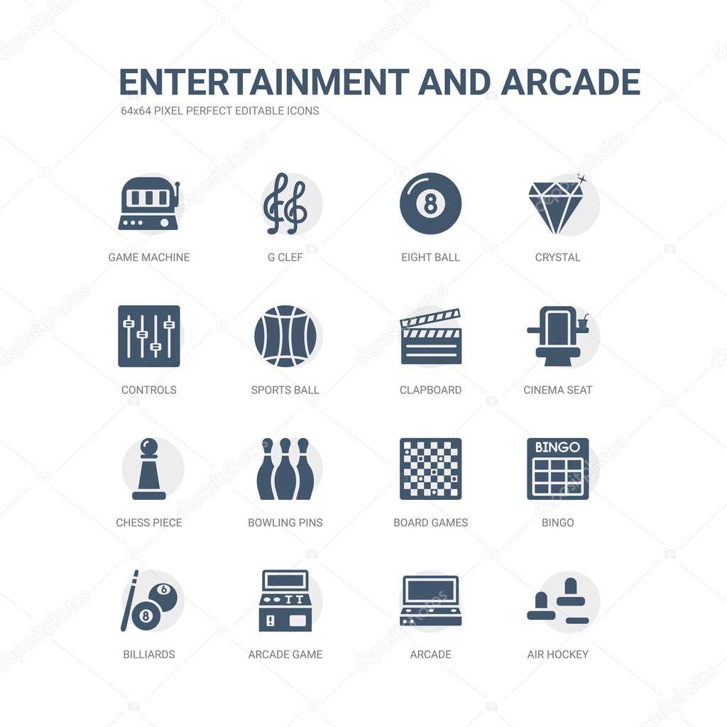 simple set of icons such as air hockey, arcade, arcade game, billiards, bingo, board games, bowling pins, chess piece, cinema seat, clapboard. related entertainment and arcade icons collection.