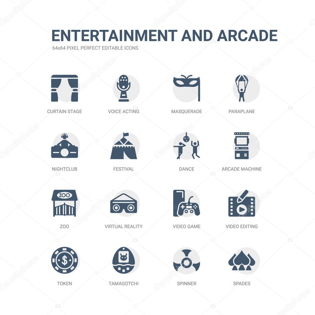 simple set of icons such as spades, spinner, tamagotchi, token, video editing, video game, virtual reality glasses, zoo, arcade machine, dance. related entertainment and arcade icons collection.