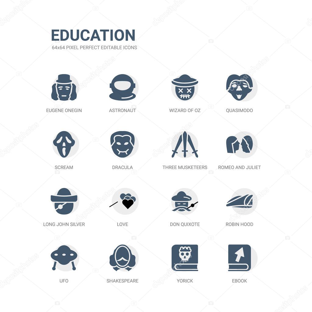 simple set of icons such as ebook, yorick, shakespeare, ufo, robin hood, don quixote, love, long john silver, romeo and juliet, three musketeers. related education icons collection. editable 64x64