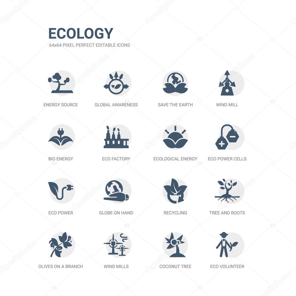 simple set of icons such as eco volunteer, coconut tree, wind mills, olives on a branch, tree and roots, recycling, globe on hand, eco power, eco power cells, ecological energy source. related