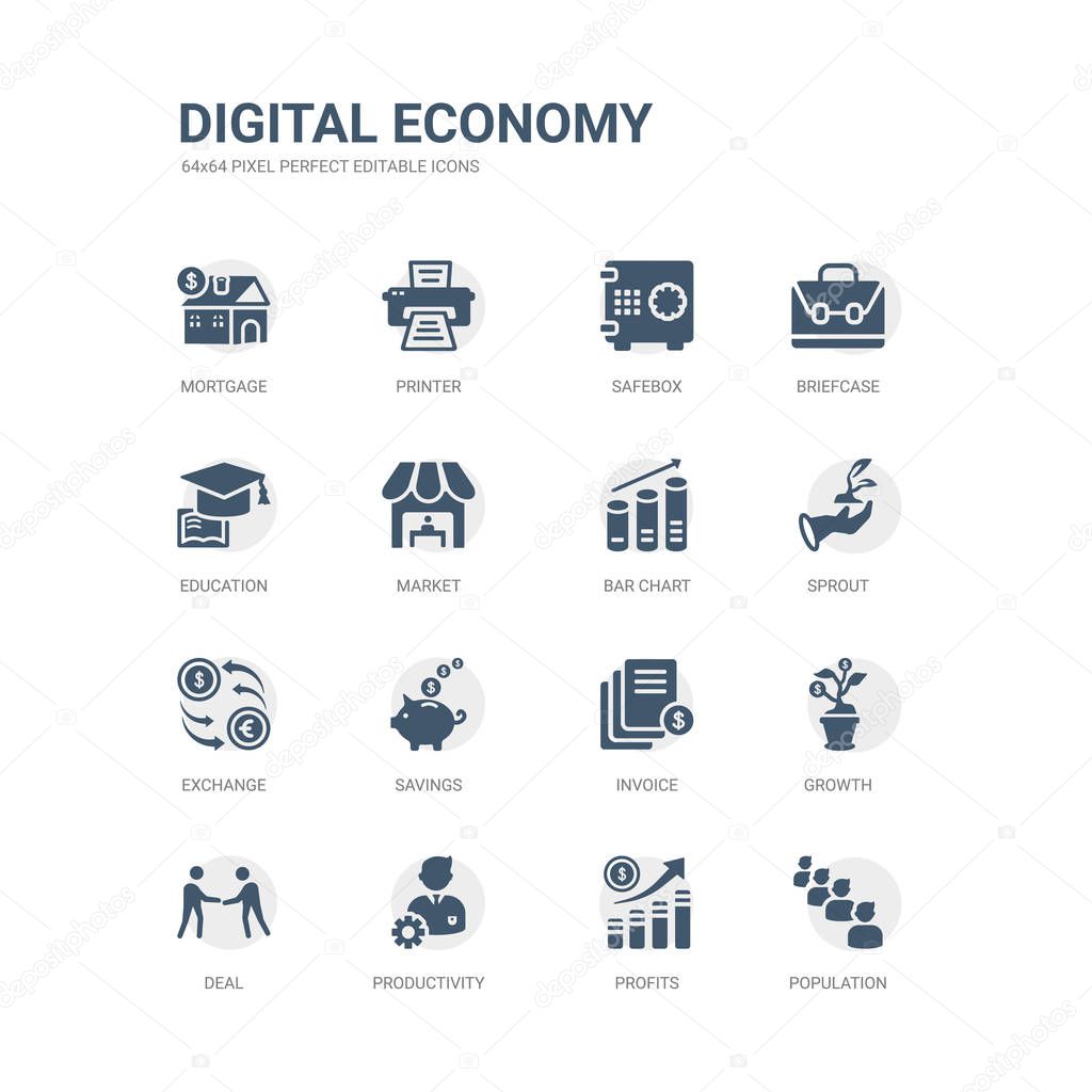 simple set of icons such as population, profits, productivity, deal, growth, invoice, savings, exchange, sprout, bar chart. related digital economy icons collection. editable 64x64 pixel perfect.