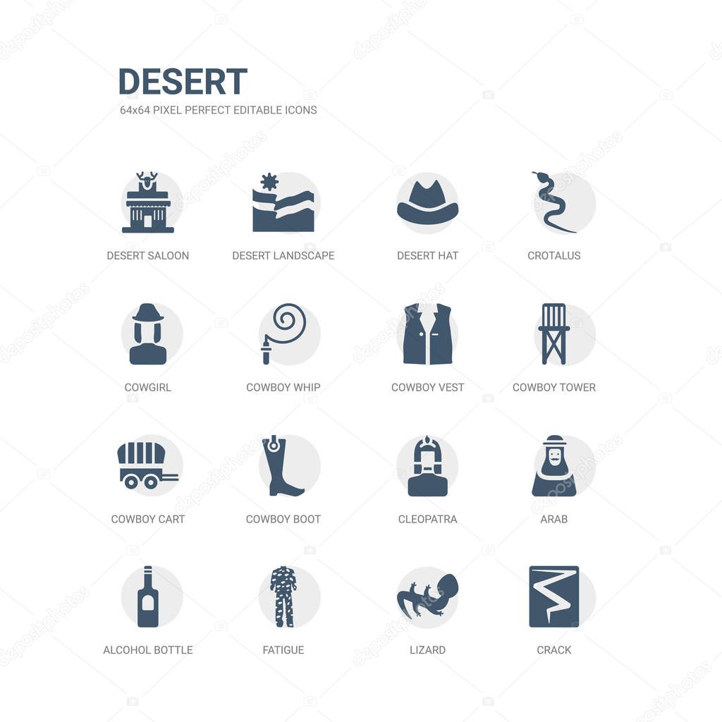 simple set of icons such as crack, lizard, fatigue, alcohol bottle, arab, cleopatra, cowboy boot, cowboy cart, cowboy tower, vest. related desert icons collection. editable 64x64 pixel perfect.