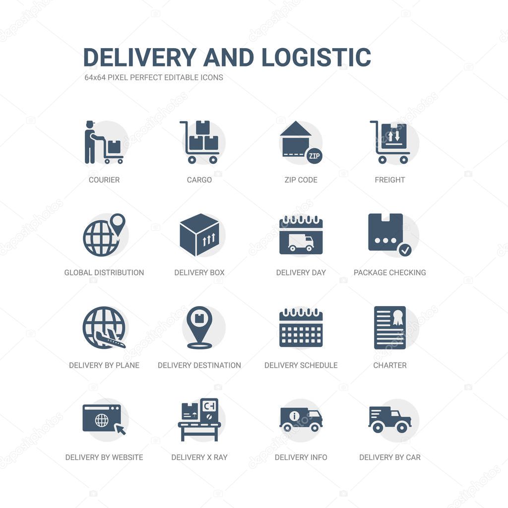 simple set of icons such as delivery by car, delivery info, delivery x ray, by website, charter, schedule, destination, by plane, package checking, day. related and logistic icons collection.