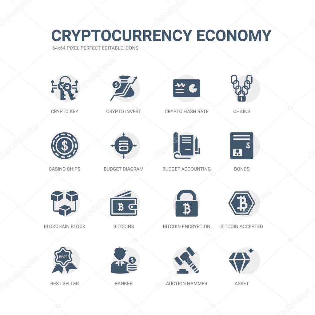 simple set of icons such as asset, auction hammer, banker, best seller, bitcoin accepted, bitcoin encryption, bitcoins, blokchain block, bonds, budget accounting. related cryptocurrency economy
