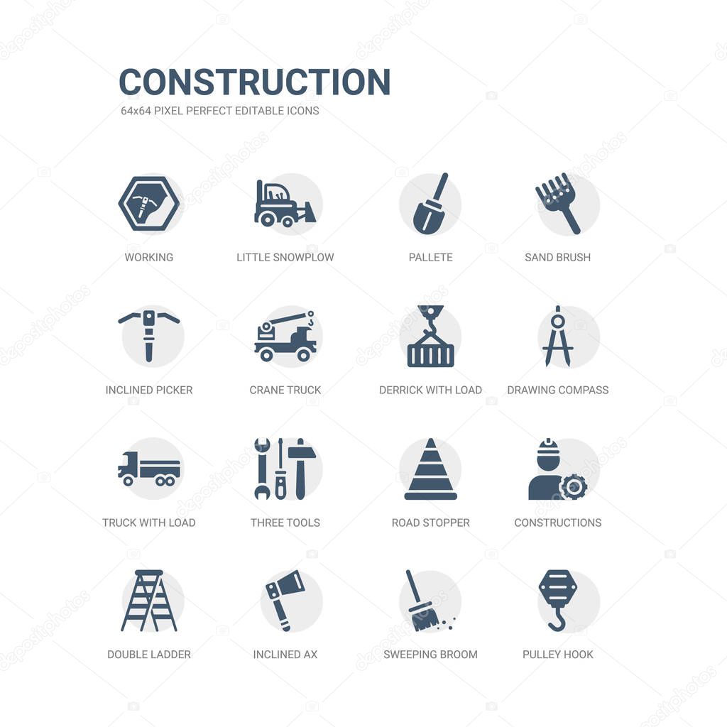 simple set of icons such as pulley hook, sweeping broom, inclined ax, double ladder, constructions, road stopper, three tools, truck with load, drawing compass, derrick with load. related