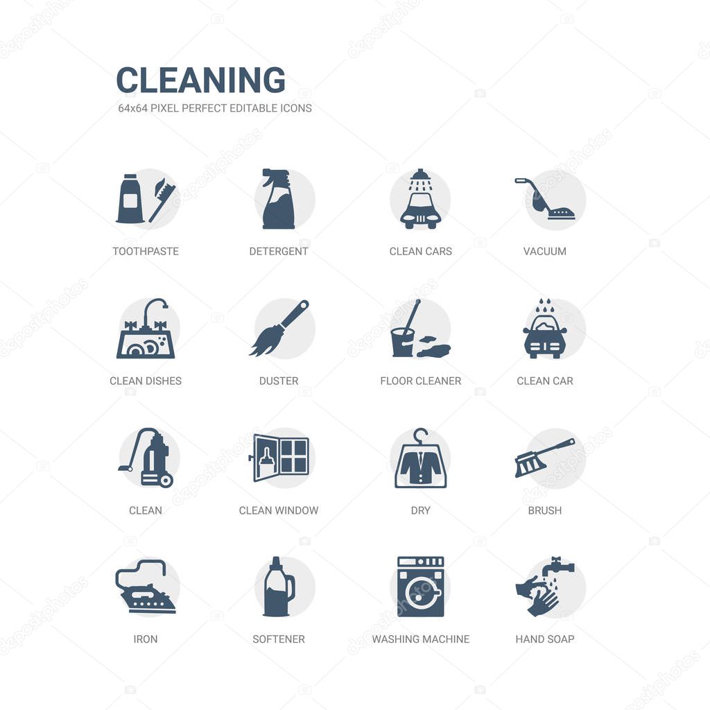 simple set of icons such as hand soap, washing machine, softener, iron, brush, dry, clean window, clean, clean car, floor cleaner. related cleaning icons collection. editable 64x64 pixel perfect.
