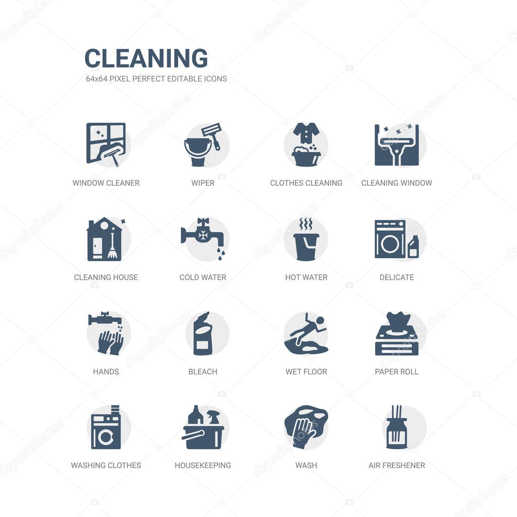 Simple set of icons such as air freshener, wash, housekeeping, washing clothes, paper roll, wet floor, bleach, hands, delicate, hot water. related cleaning icons collection. editable 64x64 pixel