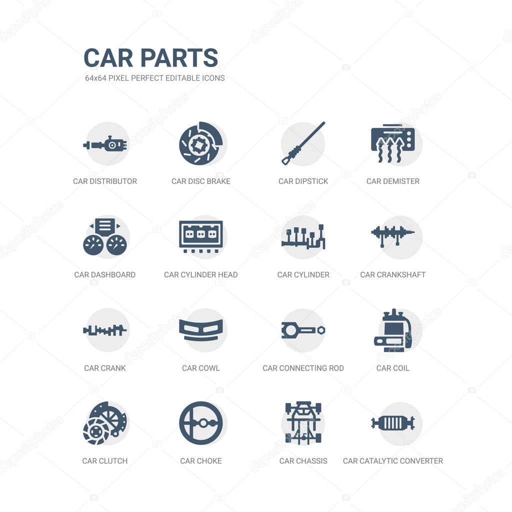 simple set of icons such as car catalytic converter, car chassis, car choke, clutch, coil, connecting rod, cowl, crank, crankshaft, cylinder. related parts icons collection. editable 64x64 pixel