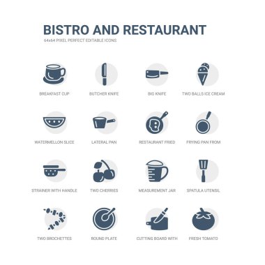 basit taze domates gibi simgeleri, kesme tahtası plaka, iki brochettes, spatula kap, ölçüm kavanoz, yuvarlak bıçak ile iki kiraz, saplı tava üstten, süzgeç Restoran ayarla