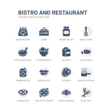 basit salata çatalı, ekmek kruvasan, parwns ile paella gibi simgeler kümesi birleştirmek yemek, kaynar su pan, pide, cips plaka, mermelade teneke, ekmek yük, tuğla süt. ilgili bistro ve