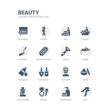 simple set of icons such as legs, moisturizer, make up, face cleanser, cream, face mask, nail polish, concealer, curler, razor. related beauty icons collection. editable 64x64 pixel perfect. clipart