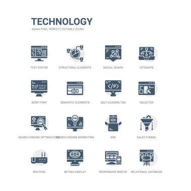 simple set of icons such as relational database management system, responsive web de, retina display, routers, sales funnel, sdk, search engine marketing, search engine optimization, selector, clipart