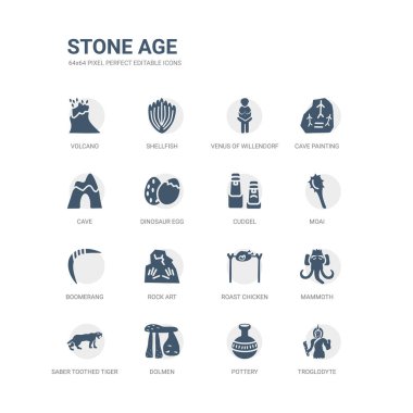 ilkel insan, seramik, dolmen, gibi simgeleri basit bir set saber dişli kaplan, mamut, kızarmış tavuk, rock sanat, bumerang, moai, sopa. ilgili Taş Devri simgeler koleksiyonu. düzenlenebilir 64 x 64 piksel