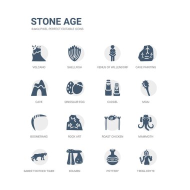 simple set of icons such as troglodyte, pottery, dolmen, saber toothed tiger, mammoth, roast chicken, rock art, boomerang, moai, cudgel. related stone age icons collection. editable 64x64 pixel clipart