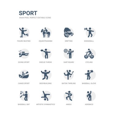 simple set of icons such as aerobics, aikido, artistic gymnastics, baseball bat, baseball glove, baton twirling, bodybuilding, canoe sport, cycling, dart board. related sport icons collection. clipart