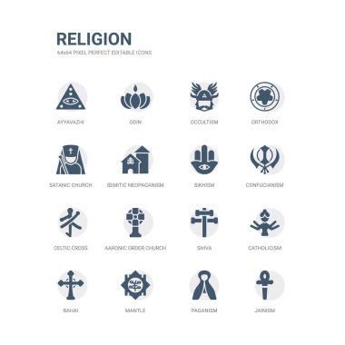basit Jainizm, Paganizm, manto, bahai, Katoliklik, shiva, aaronic sipariş Kilisesi, Kelt haçı, Konfüçyüsçülük, Sihizm gibi simgeler kümesi. din simgeler toplama ile ilgili. düzenlenebilir 64 x 64 piksel