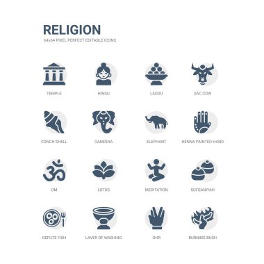 yanan bir çalı, devredeceğidir, çamaşır, gefilte balık, sufganiyah, meditasyon, lotus, om, kına boyalı el, fil laver gibi simgeleri basit kümesi. din simgeler toplama ile ilgili. düzenlenebilir 64 x 64