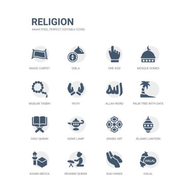Basit dizi Helal gibi simgeleri, dua eller, Kur'an-ı Kerim, Kabe Mekke, İslam fener, Arapça resim, cin lamba, Kutsal Kur'an okuma, palmiye ağacı tarihi, allah kelime ile. ilgili din Icons collection.