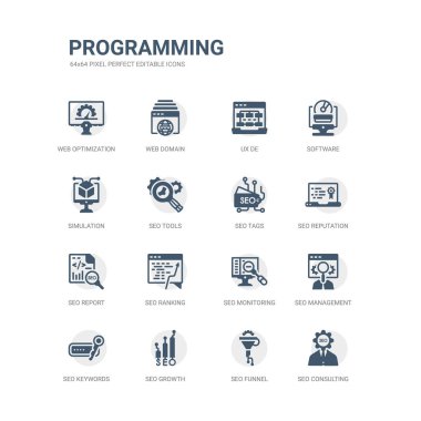 basit seo danışmanlığı, seo huni, seo büyüme, anahtar kelimeler, yönetim, izleme, sıralaması, rapor, itibar, gibi simgeler kümesi Etiketler. ilgili programlama simgeler koleksiyonu. düzenlenebilir 64 x 64 piksel