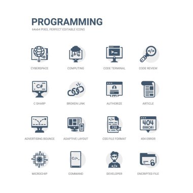 encripted dosya, geliştirici, komut, miniyonga, 404 hata, css dosya biçimi, adaptif düzen, reklam sıçrama, makale, gibi simgeleri basit bir set yetki. ilgili programlama Icons collection.
